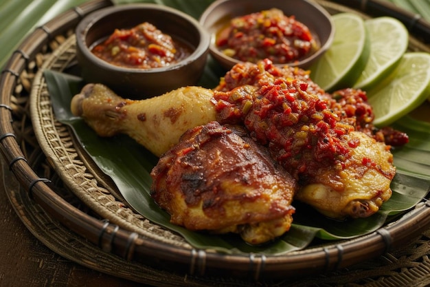 a plate of food that includes chicken salsa and lime wedges