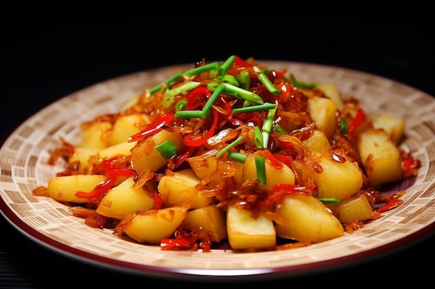 A plate of food that includes fried potatoes, peppers, and green peppers.