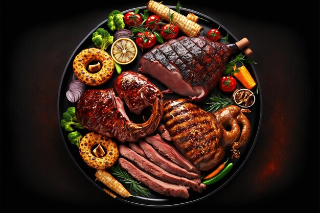 肉、野菜、野菜を含む料理の皿。