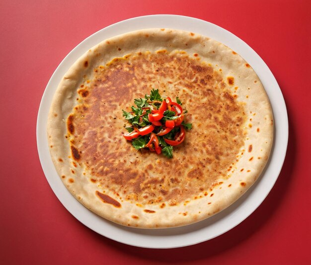 a plate of food that is on a red table