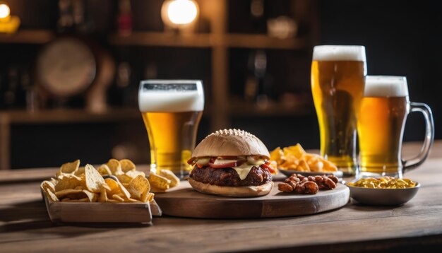 Foto un piatto di cibo e due bicchieri di birra.