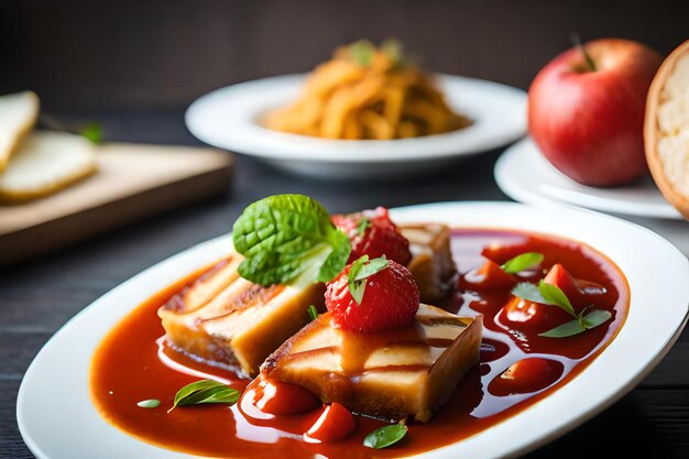 a plate of food with apples and a red apple on it