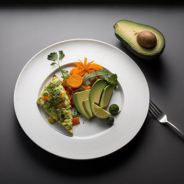 A plate of food with avocado and avocado on it