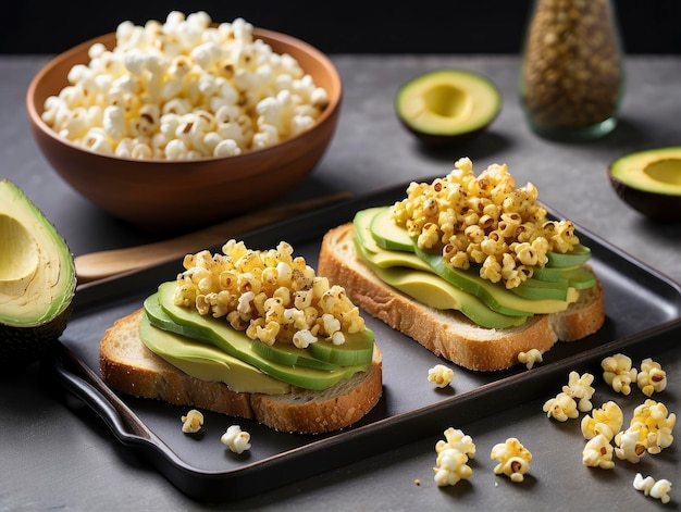 Photo a plate of food with avocado and popcorn on it and a bowl of popcorn