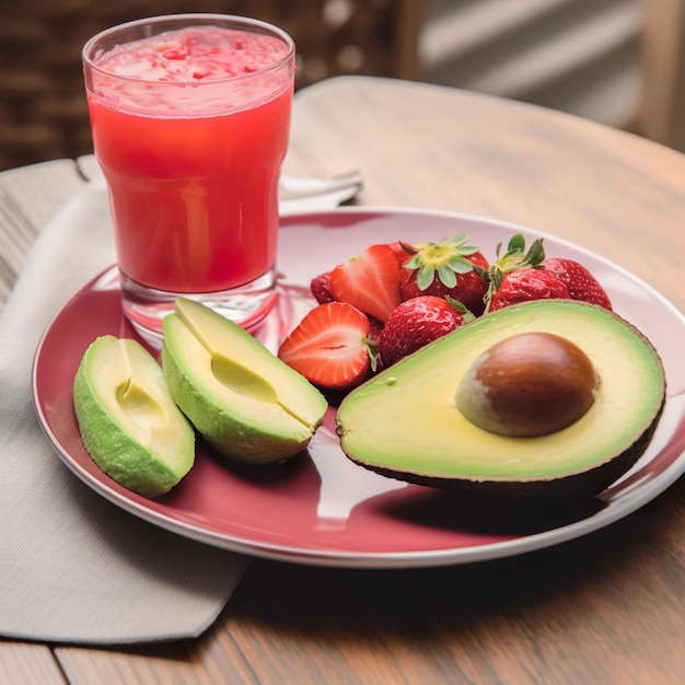 A plate of food with avocado, strawberries, and a glass of red juice.