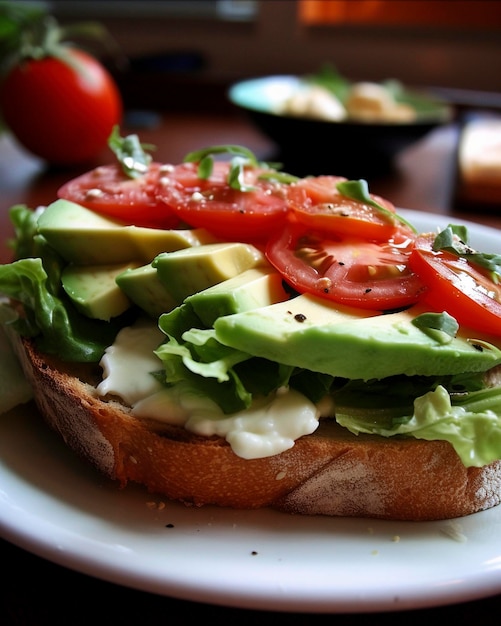 A plate of food with avocado, tomato, and avocado.