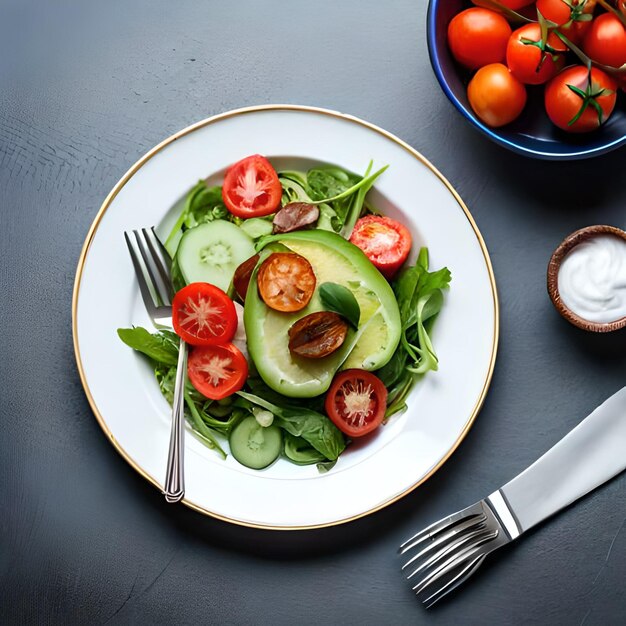 A plate of food with avocado, tomato, and cucumber.