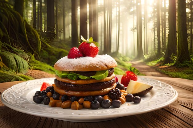 Foto un piatto di cibo con sopra un bagel e frutti di bosco