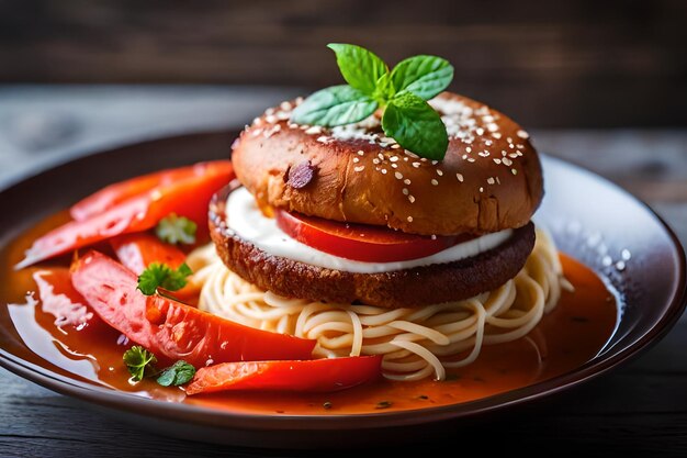 Photo a plate of food with a bagel and tomato on it