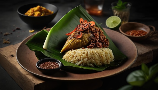 A plate of food with a banana leaf on it