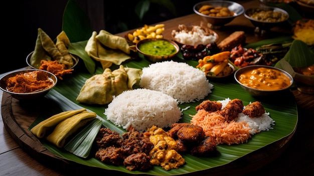 A plate of food with a banana leaf on it