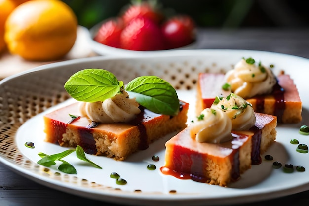 a plate of food with banana leaves and a strawberry on it