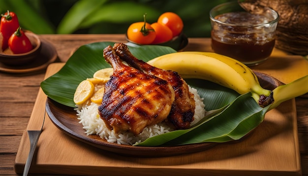 a plate of food with a banana and rice on it