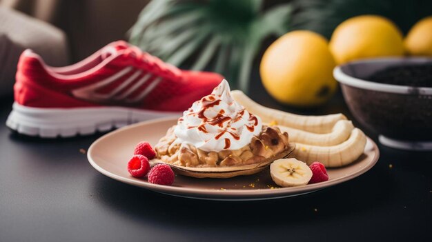 Foto un piatto di cibo con banane, lamponi e panna montata