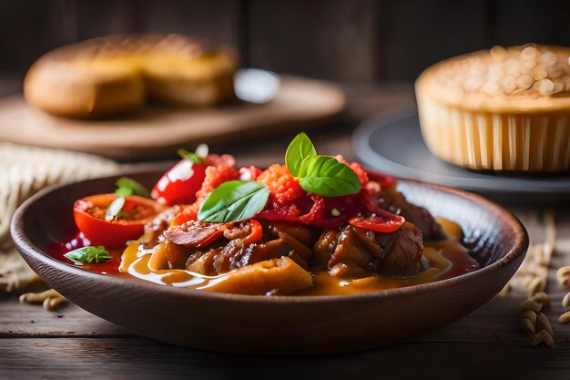 a plate of food with a basket of bread and a basket of bread on the table.