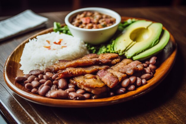 Photo a plate of food with beans, bacon, avocado, and beans.