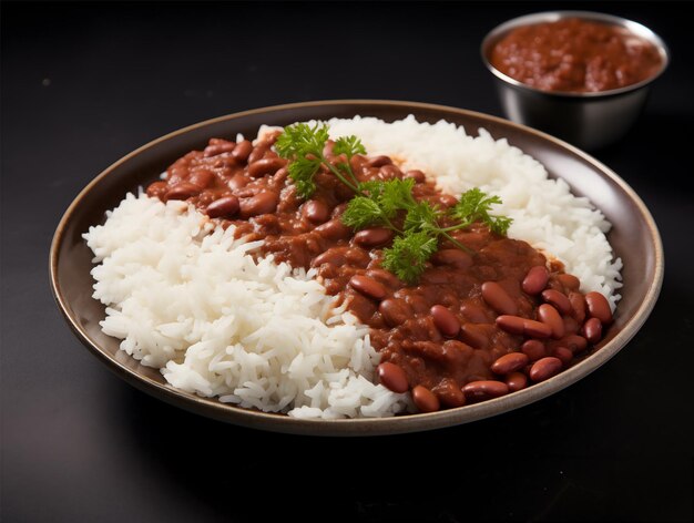 a plate of food with beans and beans and rice