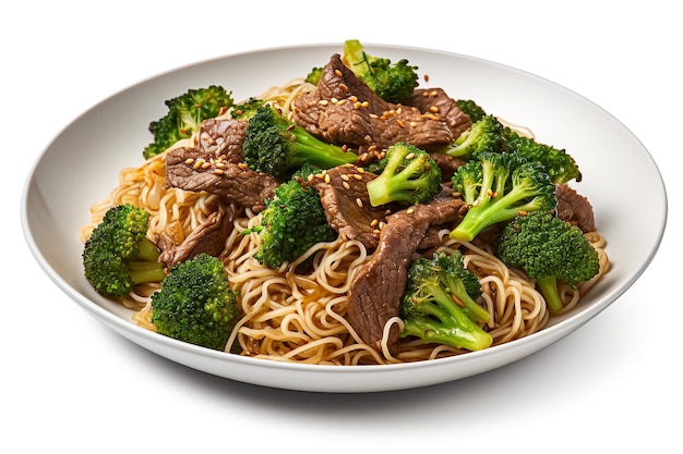 A plate of food with beef and broccoli on it