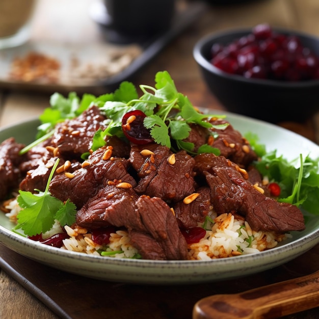 A plate of food with beef and rice on it