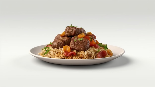 A plate of food with beef and rice.