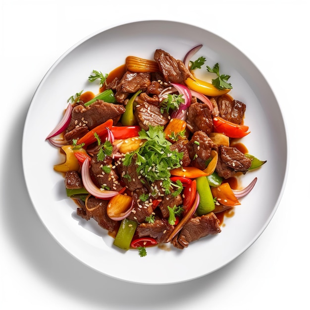 A plate of food with beef and vegetables on it