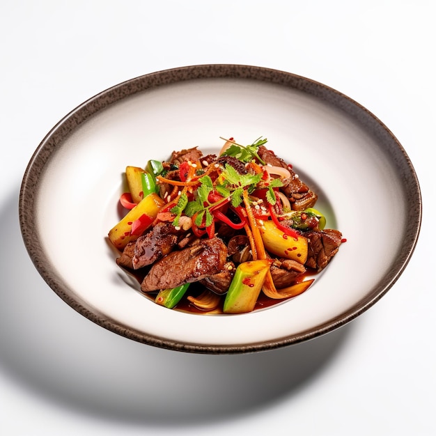 Plate of food with beef and vegetables on it