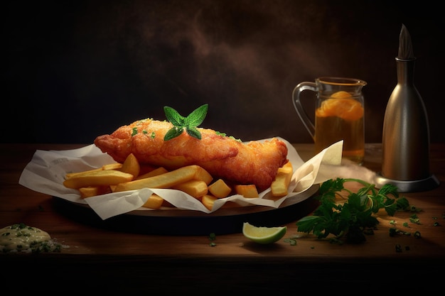 A plate of food with a beer and a fish and chips