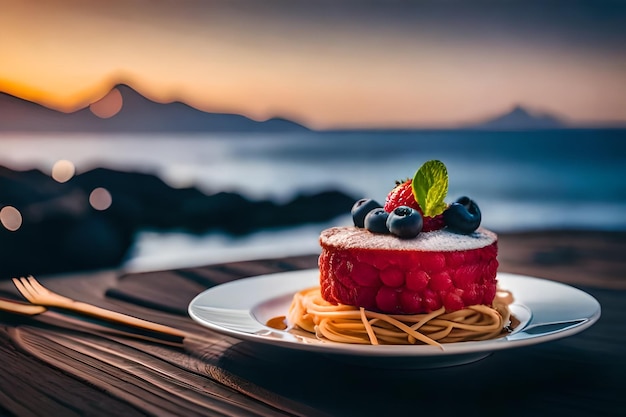 その上にベリーとケーキの塊が付いた皿の食べ物