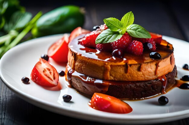 ベリーとケーキのスライスが乗った食べ物の皿