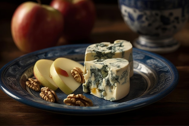 A plate of food with blue cheese and walnuts on it.