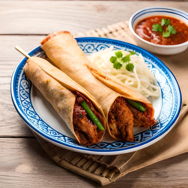 Photo a plate of food with a blue rim and a bowl of chili on the side.