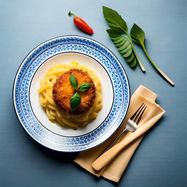 A plate of food with a blue rim and a red chili pepper on the side.