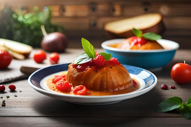 A plate of food with a blue rim and a red sauce on it.