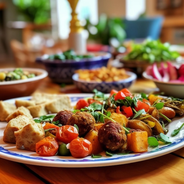 A plate of food with blue trim and blue trim around the edge.