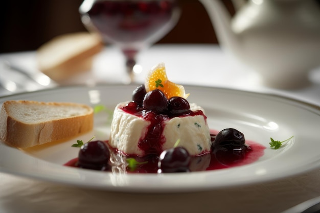 A plate of food with blueberries and a piece of bread on it