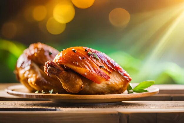 a plate of food with a blurred background and a blurry light in the background