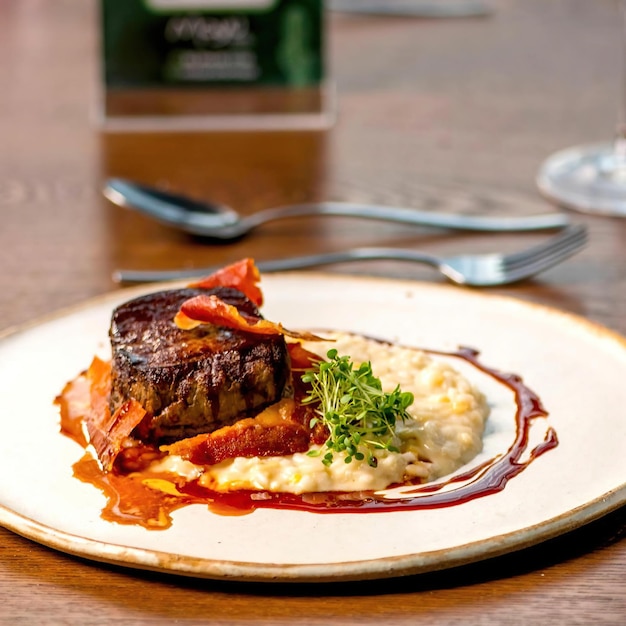 A plate of food with a bottle of alnwick on the side