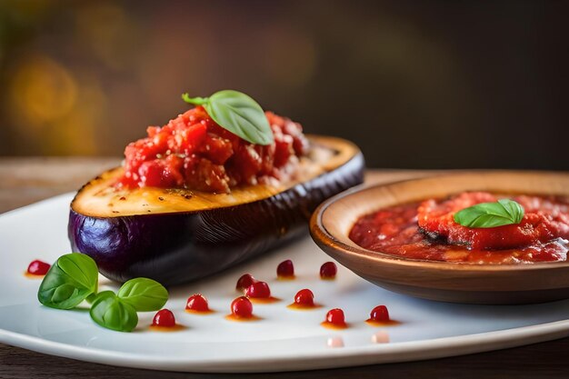 Foto un piatto di cibo con una bottiglia di olio d'oliva.