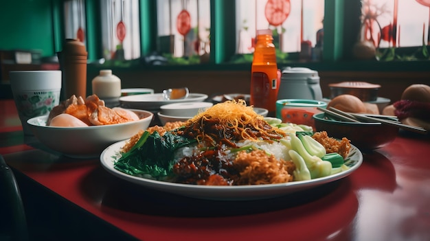 A plate of food with a bottle of orange juice in the background.