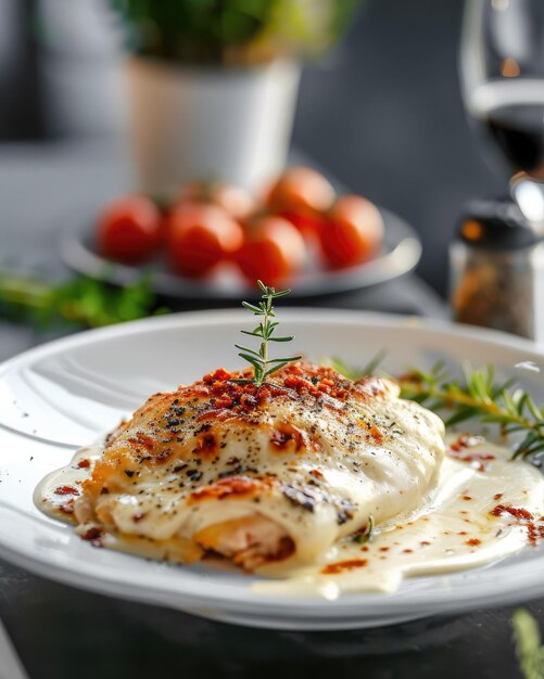 背景にワインのボトルがある食料の皿