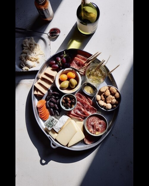 a plate of food with a bottle of wine next to it