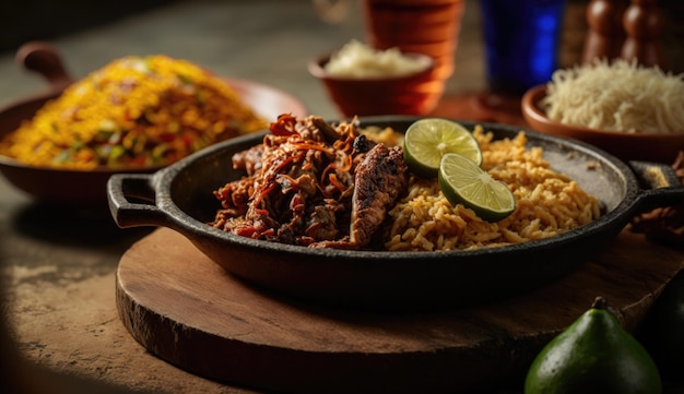 A plate of food with a bowl of beef and rice