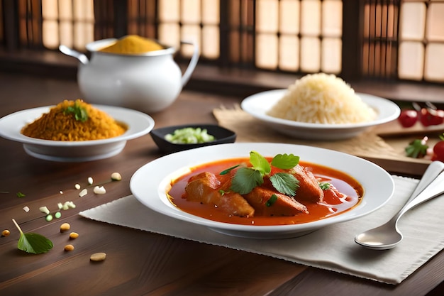 A plate of food with a bowl of chicken curry and some other dishes on a table.