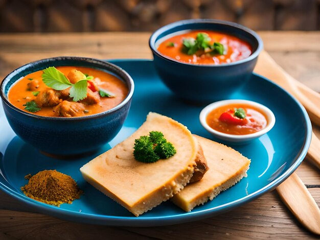 A plate of food with a bowl of curry and a bowl of curry.