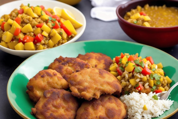 A plate of food with a bowl of curry and a plate of food with a plate of food