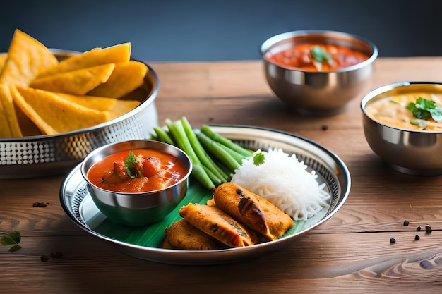 A plate of food with a bowl of curry and a plate of food with the words " food " on it.