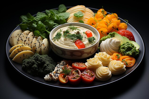 a plate of food with a bowl of dip and a bowl of dip