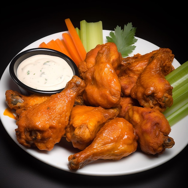 A plate of food with a bowl of dip and carrots on it.