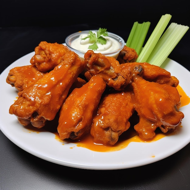 A plate of food with a bowl of dip and chicken wings.