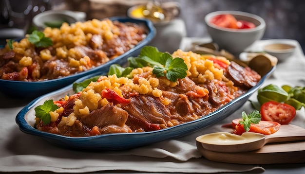 a plate of food with a bowl of food on it